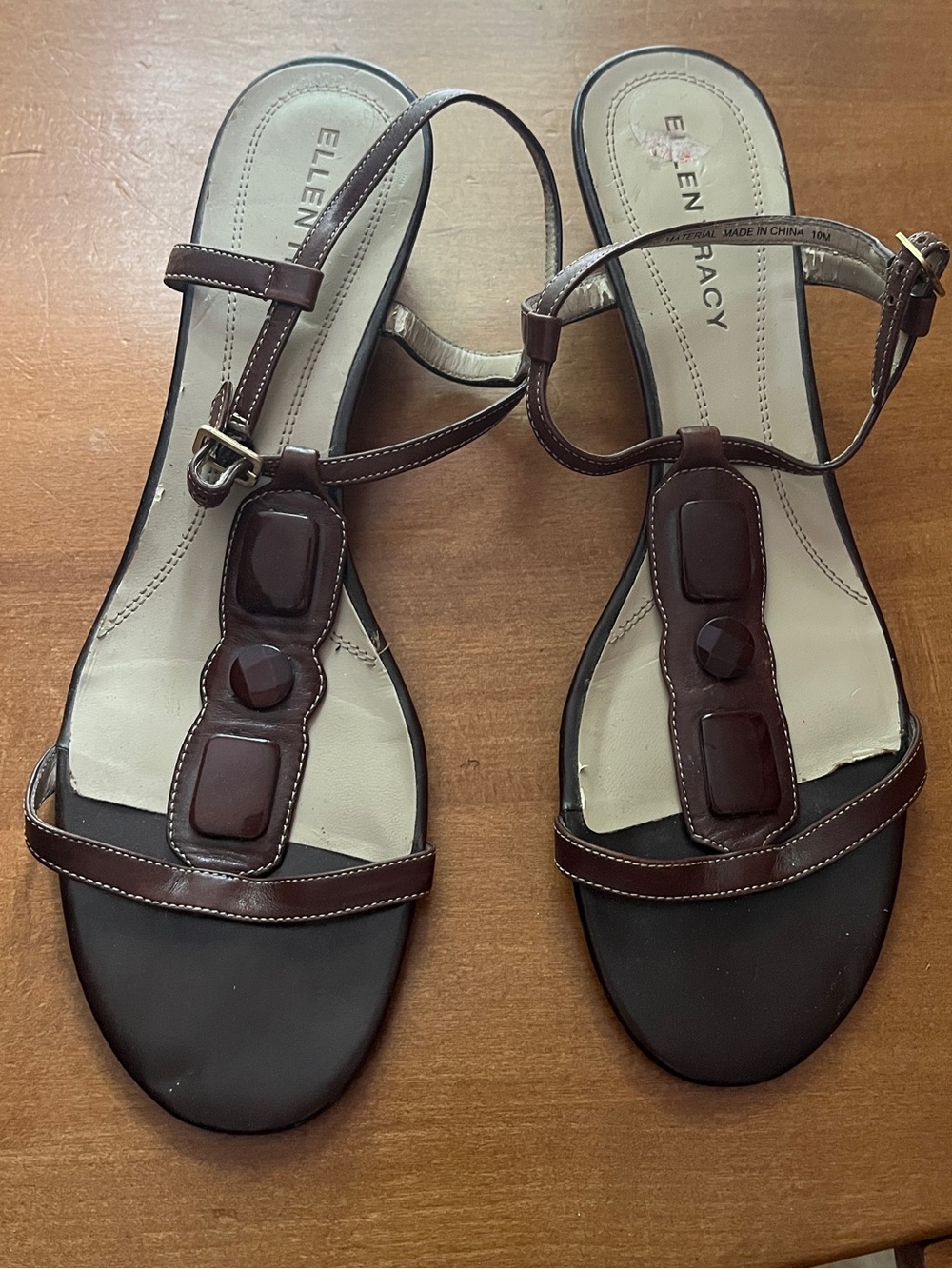 Ellen Tracy Brown T-Strap Gem-Accent Sandals